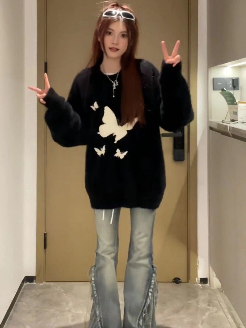 高級感黑色蝴蝶毛衣女秋冬新款寬鬆百搭慵懶風套頭情侶針織衫上衣