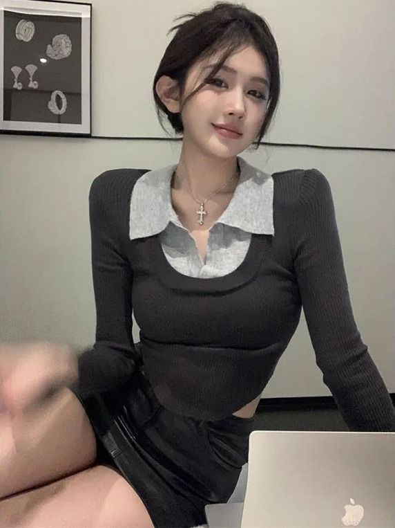 秋冬翻領設計感假兩件針織衫顯瘦修身小眾上衣女外穿長袖