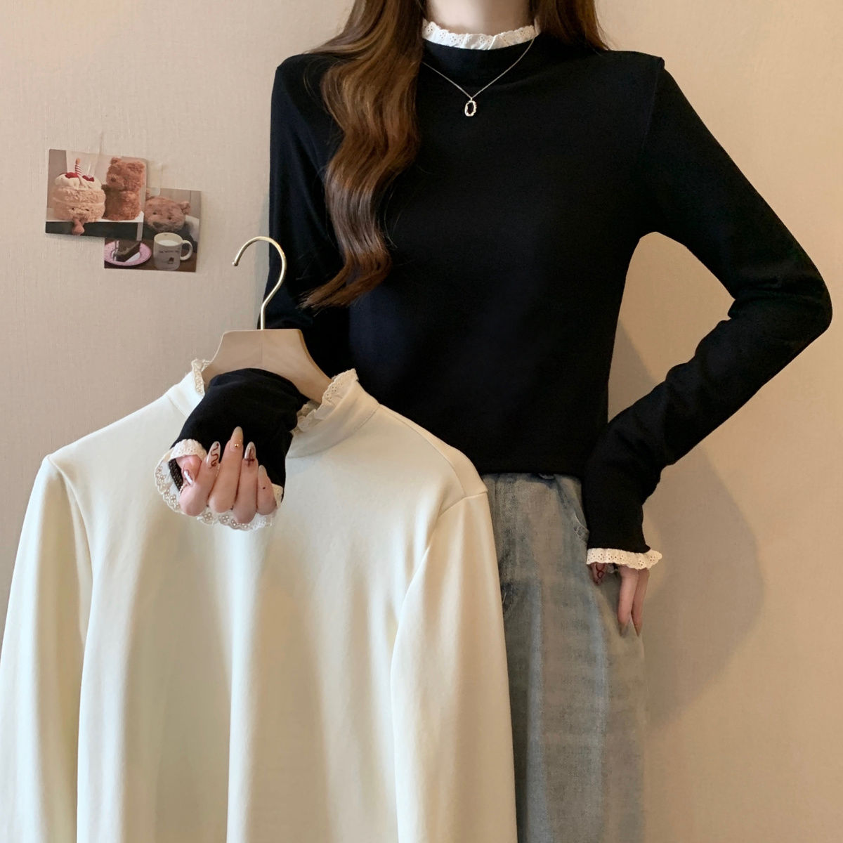 蕾絲拼接半高領打底衫女秋冬新款大碼胖mm顯瘦設計感洋氣歐貨上衣