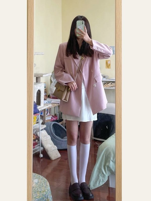 [Pure Wind Shili] Pink Blazer Women's 2024 Spring and Autumn Korean Style Casual Right Shoulder Internet Celebrity Street Suit