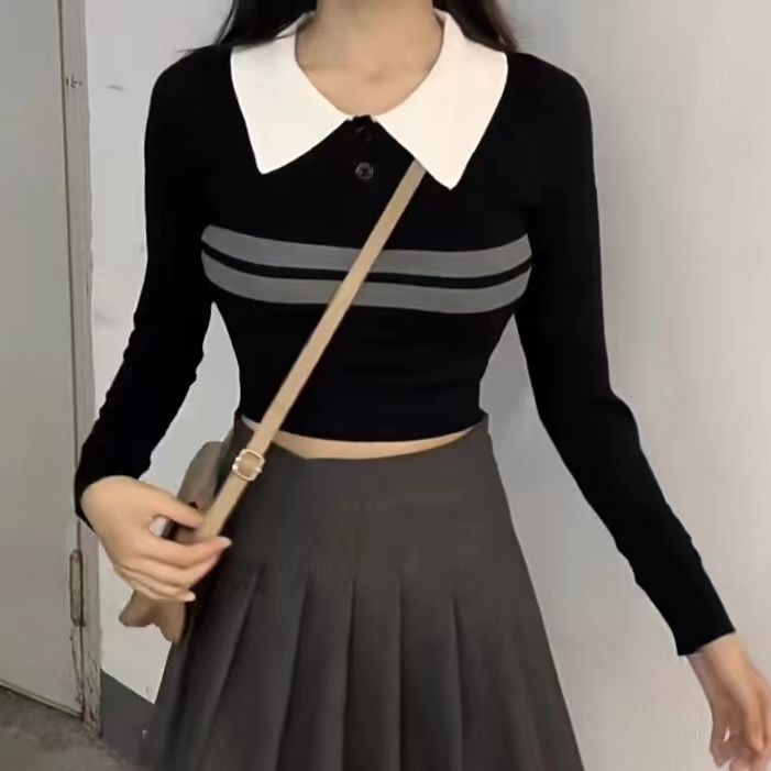 時尚辣妹拼色翻領條紋針織衫2023秋季新款女裝短款修身長袖上衣潮