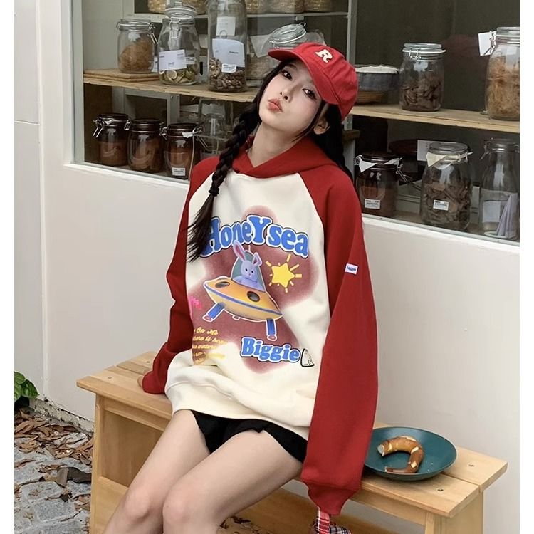 重磅純棉卡通印花插肩撞色連帽衛衣女秋冬季新款慵懶風中長款上衣