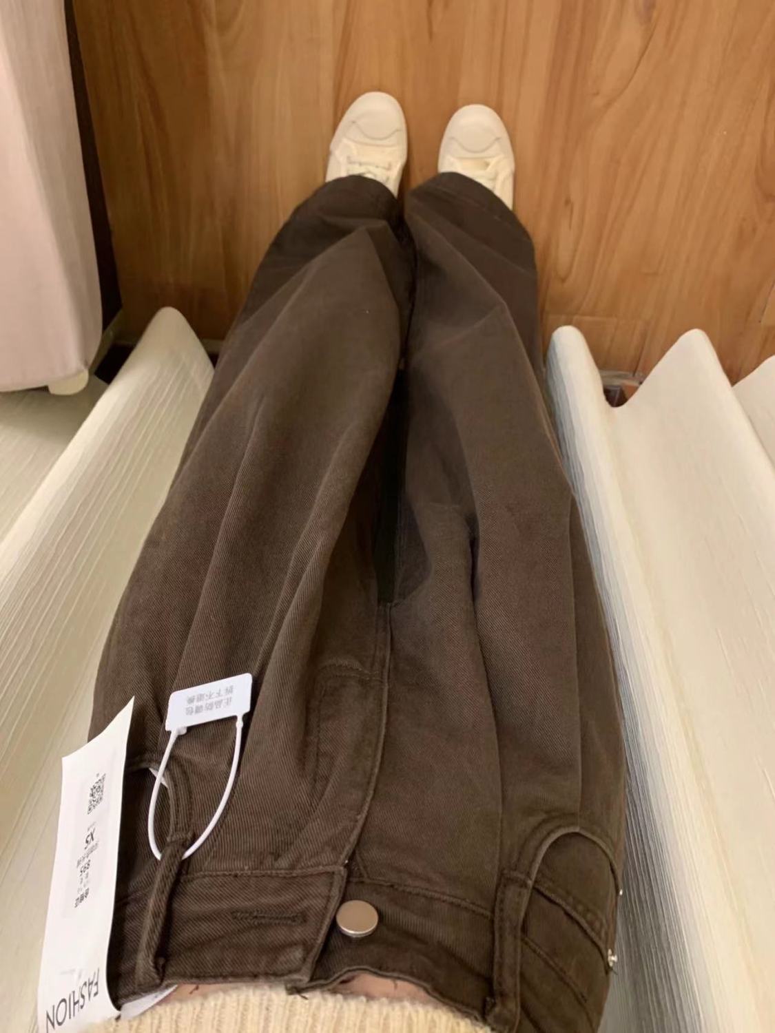 美式復古褶皺闊腿牛仔褲女秋冬新款高腰垂感寬鬆顯瘦直筒拖地褲子
