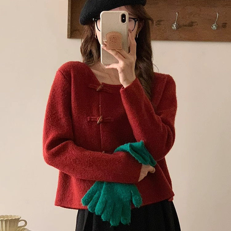 2023 Autumn and Winter New Korean Style Round Neck Solid Color Retro Disk Button Loose Long Sleeve Knitted Cardigan Sweater Jacket for Women