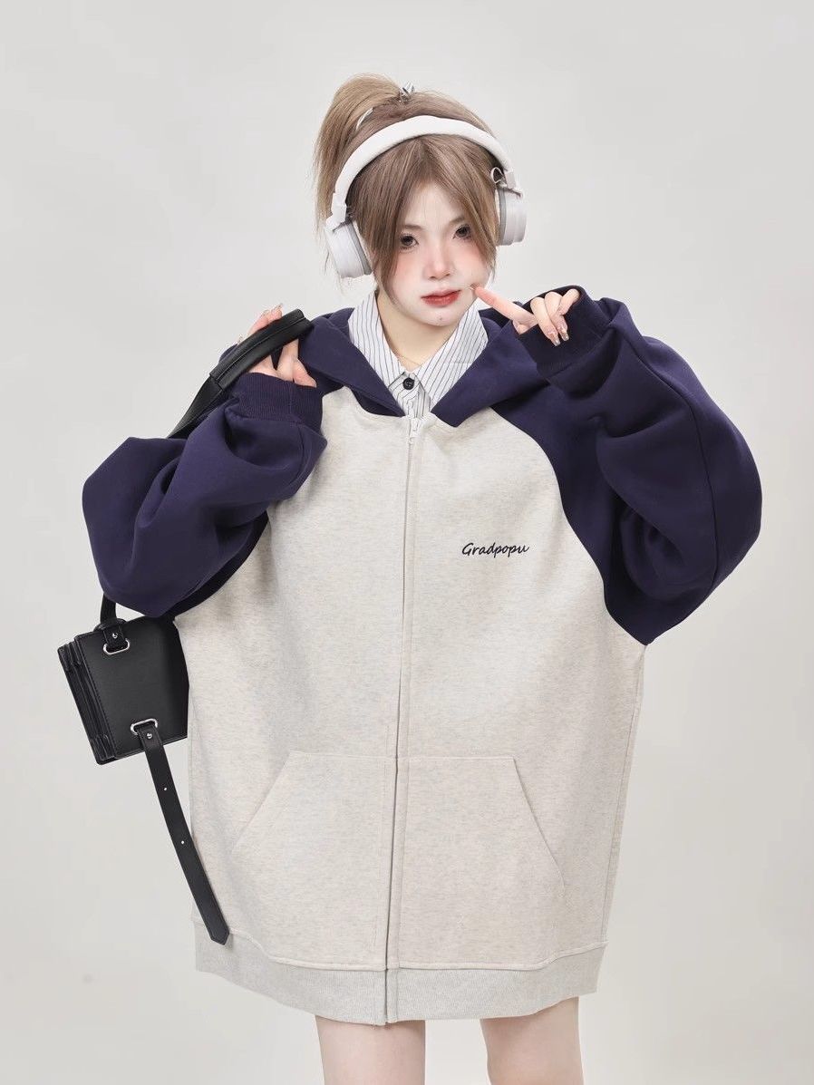 美式情侶寬鬆拉鏈插肩袖開衫衛衣外套女秋冬連帽美式重磅純棉上衣