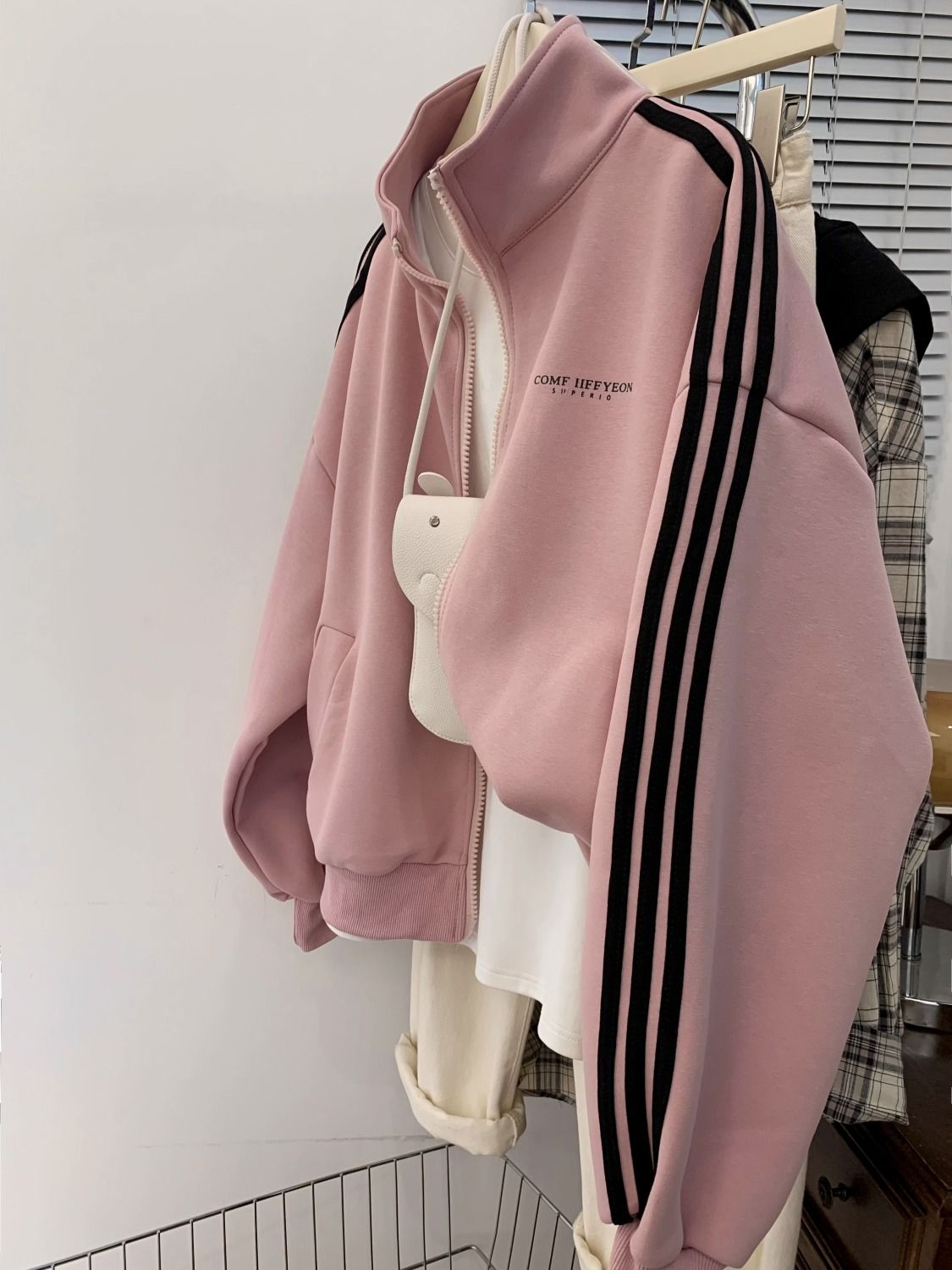 粉色oversize加絨加厚美式復古立領春秋秋冬慵懶風開衫衛衣外套女