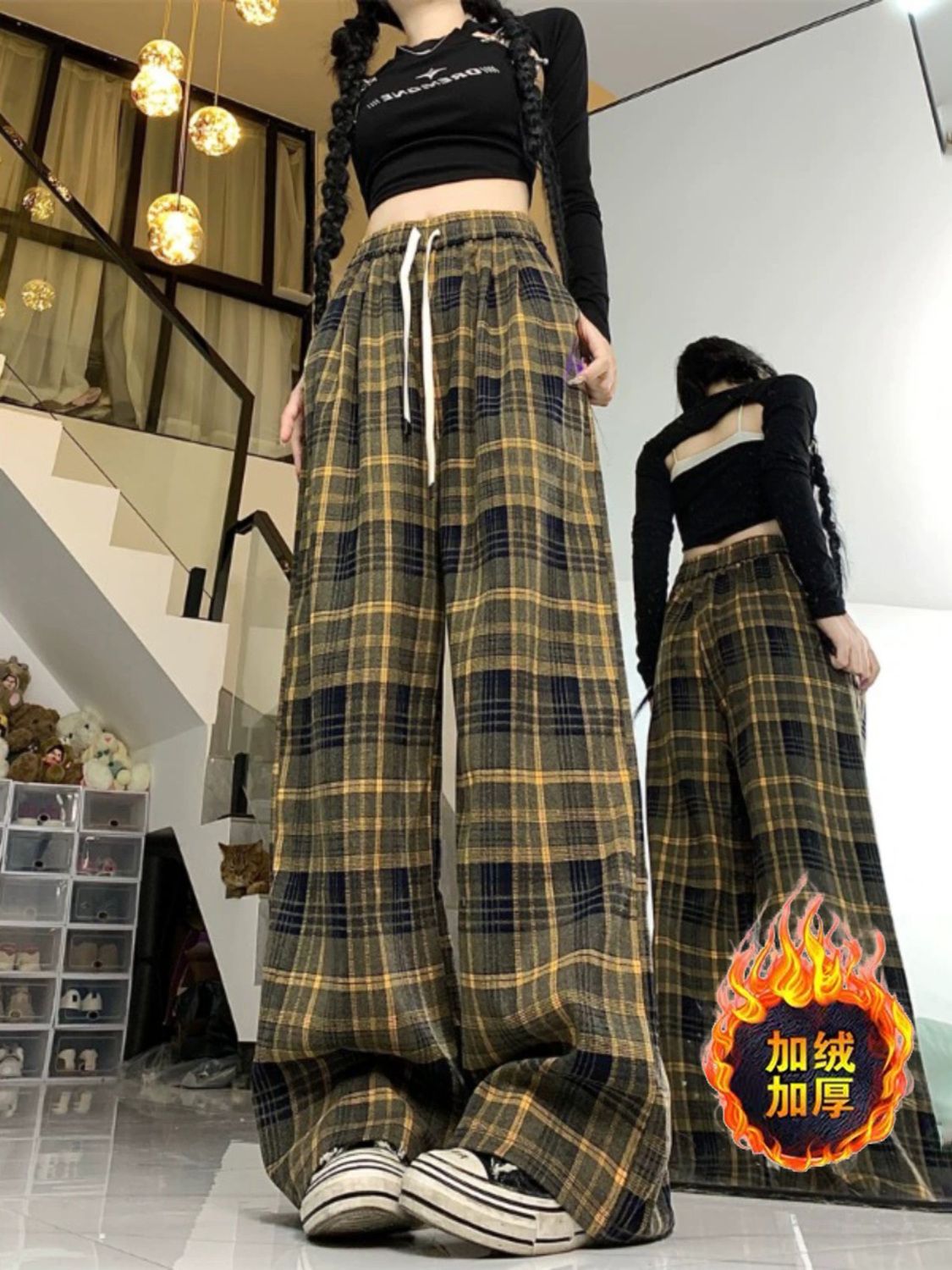 復古磨毛格子加絨休閒褲女秋冬新款高腰抽繩寬鬆顯瘦直筒闊腿褲子