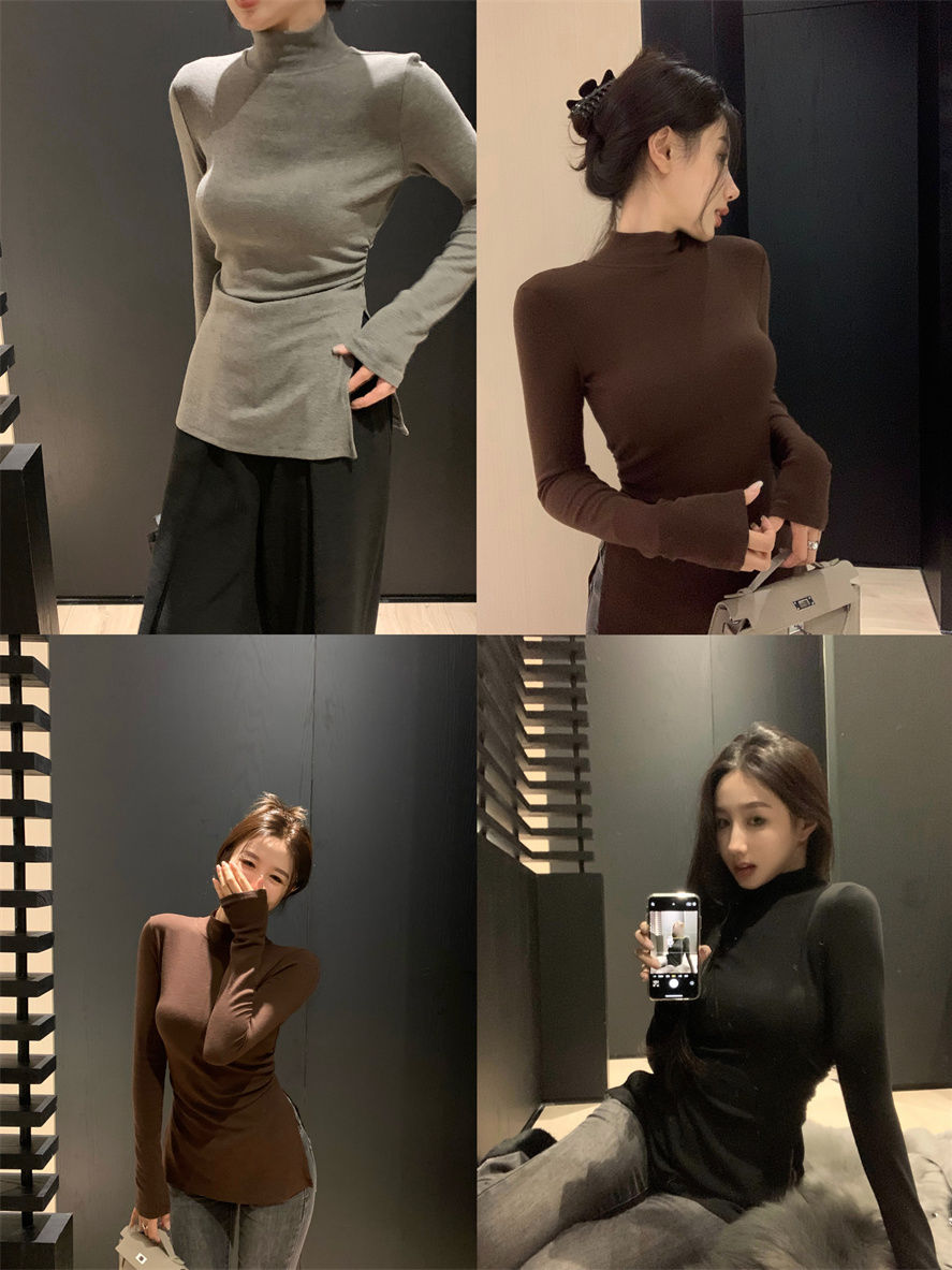 灰色半高領打底衫女秋冬內搭時髦時尚洋氣修身顯瘦長袖T恤上衣潮