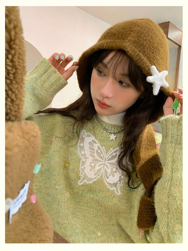 韓版軟糯針織毛衣女秋冬2023新款蕾絲蝴蝶設計感寬鬆套頭長袖上衣