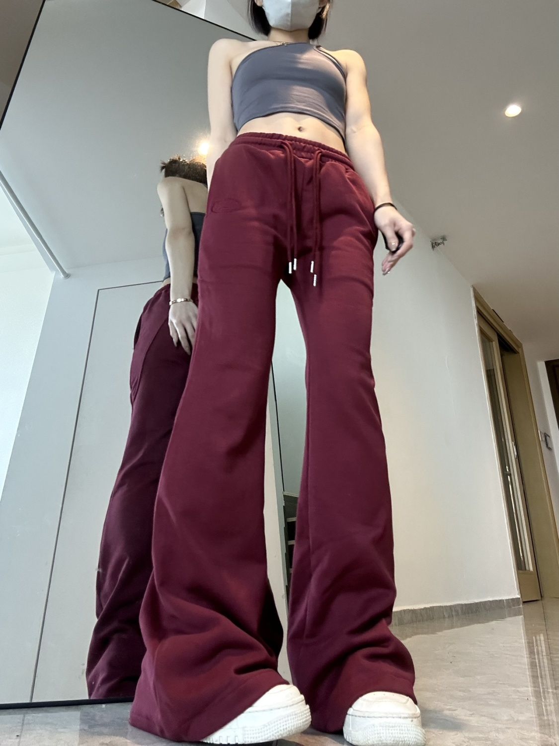 美式復古辣妹酒紅色微喇運動休閒褲女秋季顯瘦高腰拖地褲子潮垂感