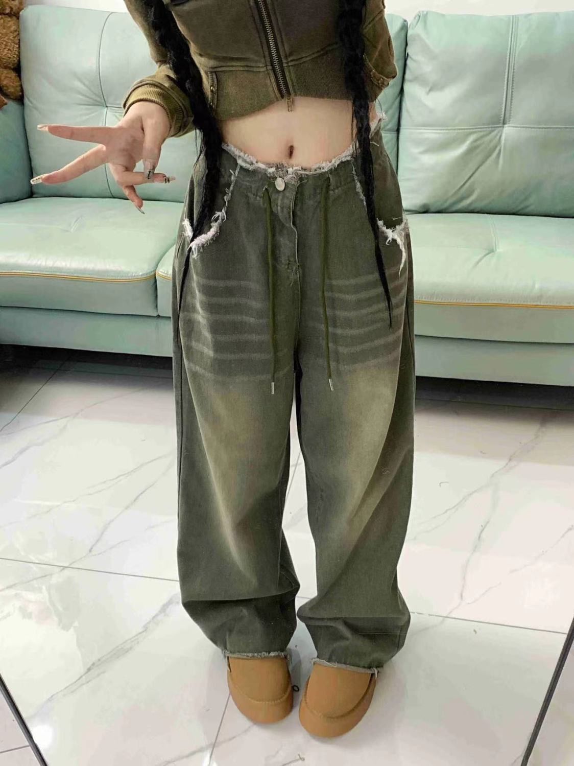 美式復古綠色闊腿牛仔褲女秋季新款毛邊抽繩設計感垂感直筒長褲潮
