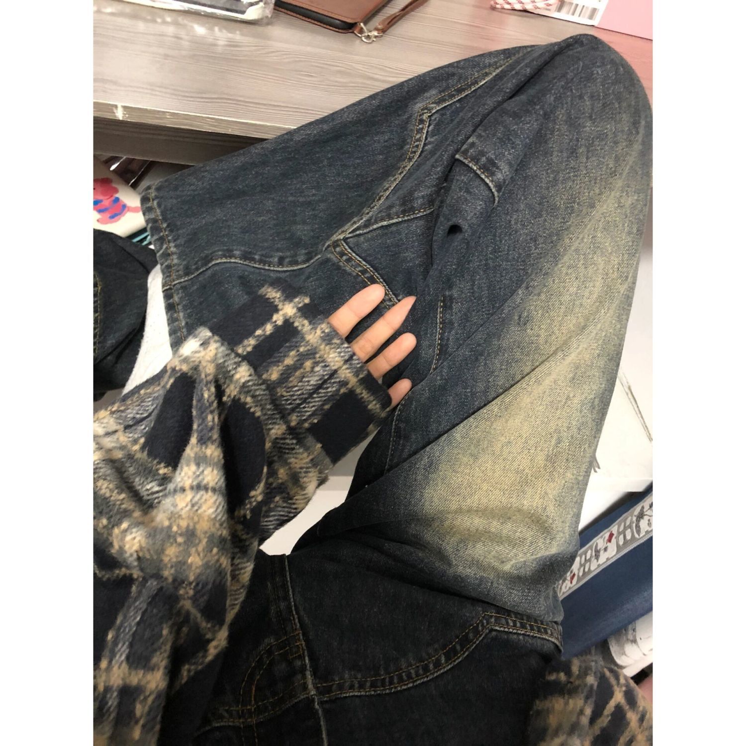 美拉德加長版闊腿微喇牛仔褲女秋冬新款拼接設計感顯瘦寬鬆拖地褲