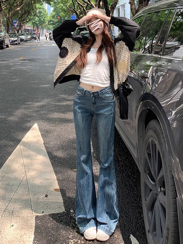 美式復古微喇叭牛仔褲女小個子高腰緊身顯瘦設計感小眾辣妹馬蹄褲
