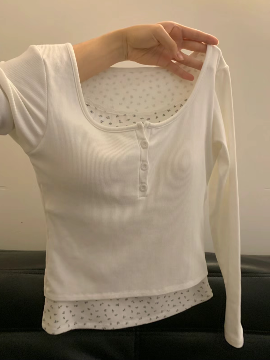 大碼胖妹妹走秀款假兩件碎花打底韓系內搭休閒百搭小眾針織上衣女