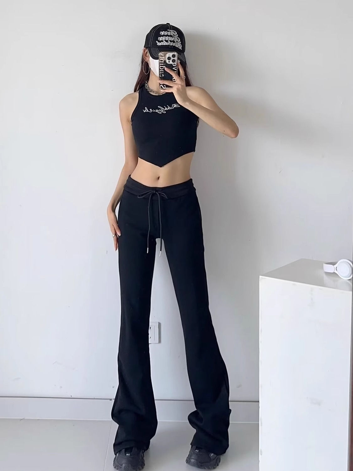 美式復古低腰微喇運動褲灰色衛褲女春秋辣妹拖地喇叭褲休閒瑜伽褲