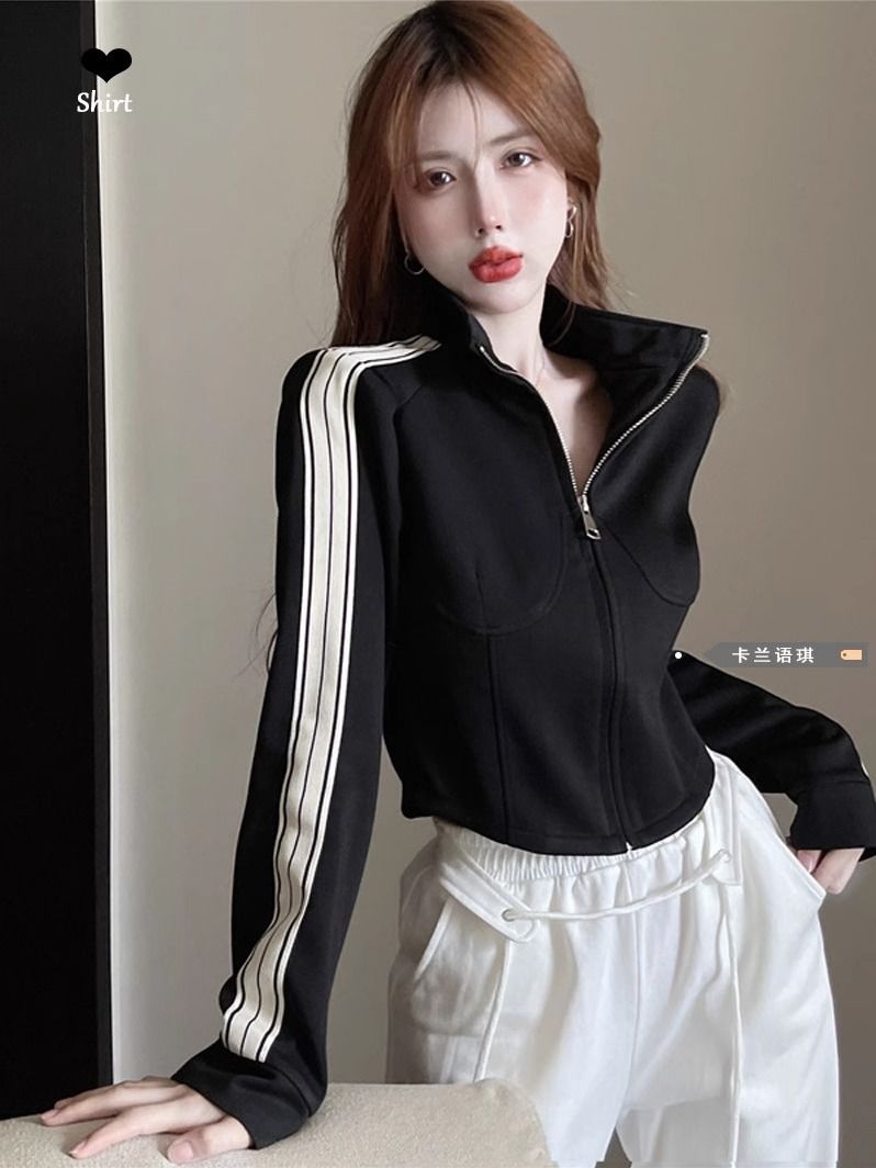 早秋季新款美式長袖黑色三條槓外套女立領短款設計感運動上衣女