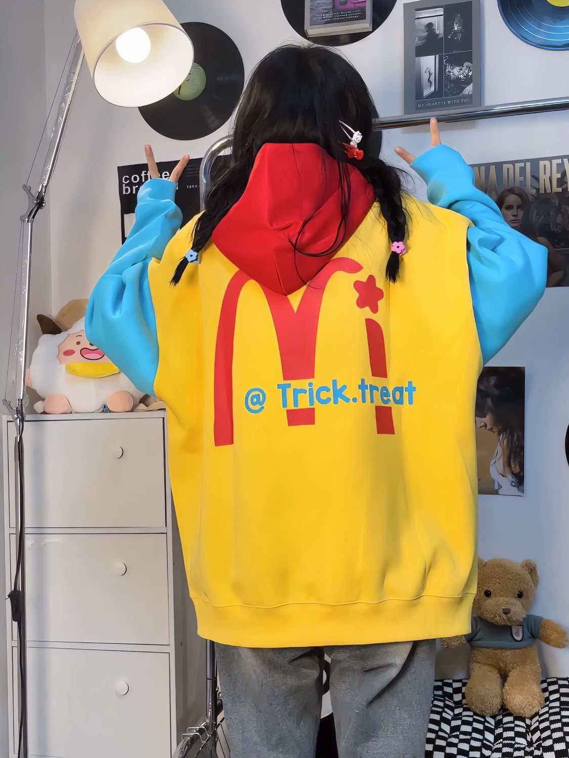 National trend Maimen American McDonald's printed hooded sweatshirt for men and women heavyweight cotton dopamine cardigan zipper jacket
