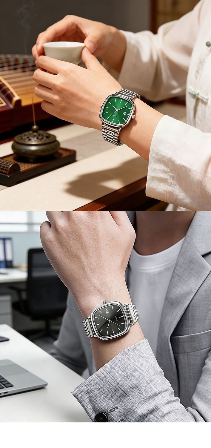 2025 New Model Couple Commuting Quartz Wristwatch, Unisex Simple Rectangular Dial, Metal Strap, Date Display_voghion.com