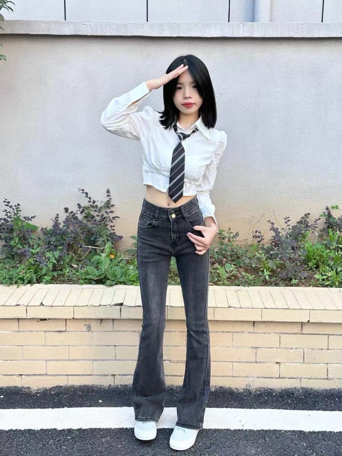 美式復古煙灰色微喇牛仔褲女美拉德高腰彈力辣妹馬蹄拖地喇叭褲子
