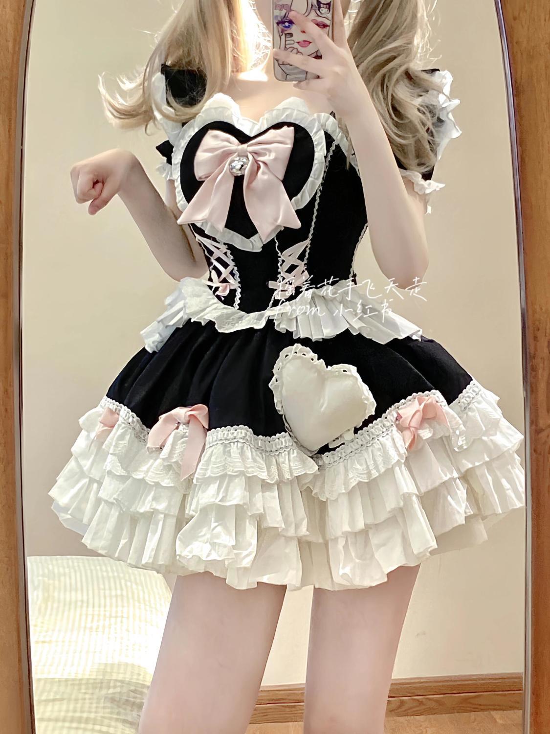 可愛い半袖リボンドレス ロリータ 和風 ウエスト痩せ 年齢軽減 ふくらみ プリンセスドレス スイート