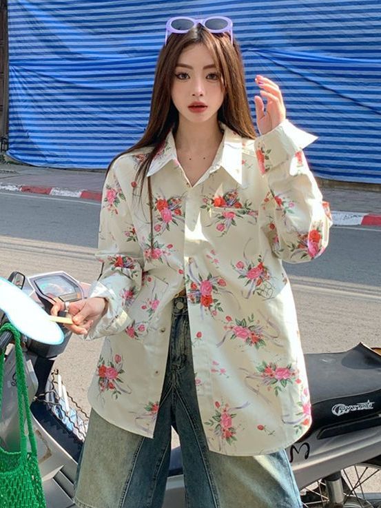 秋季女裝oversize印花長袖襯衫女外穿ins小香風寬鬆大碼襯衣上衣
