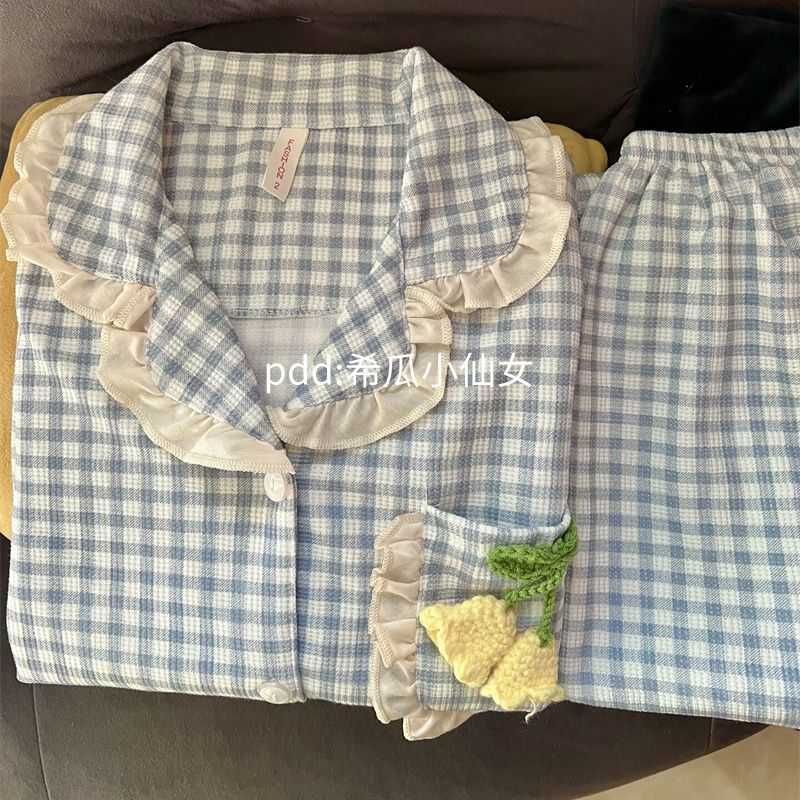 ins荷葉邊公主風睡衣女春秋季新款長袖褲甜美可愛格子家居服套裝