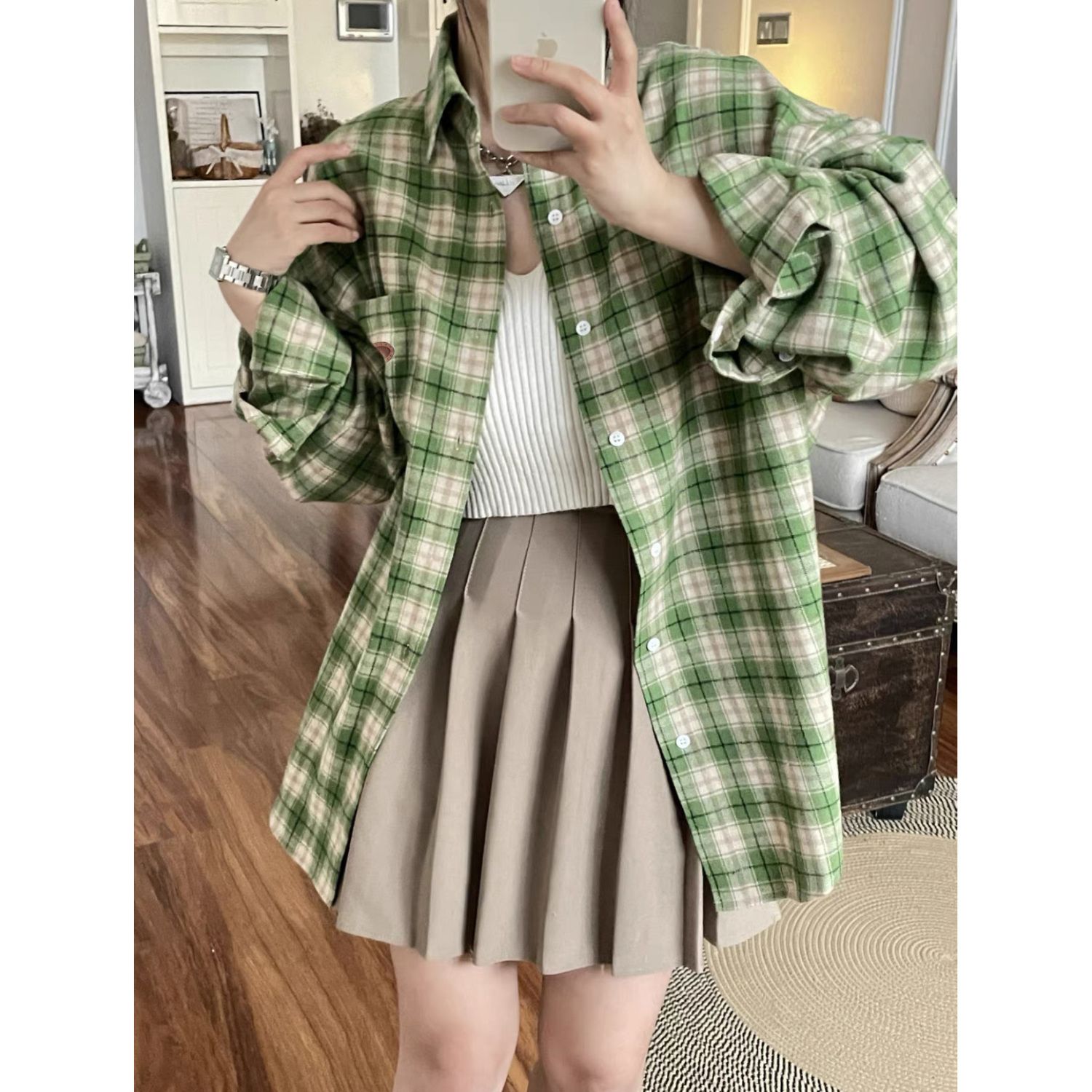 慵懶風復古綠色格子長袖襯衫女秋新款寬鬆設計感小眾休閒上衣外套