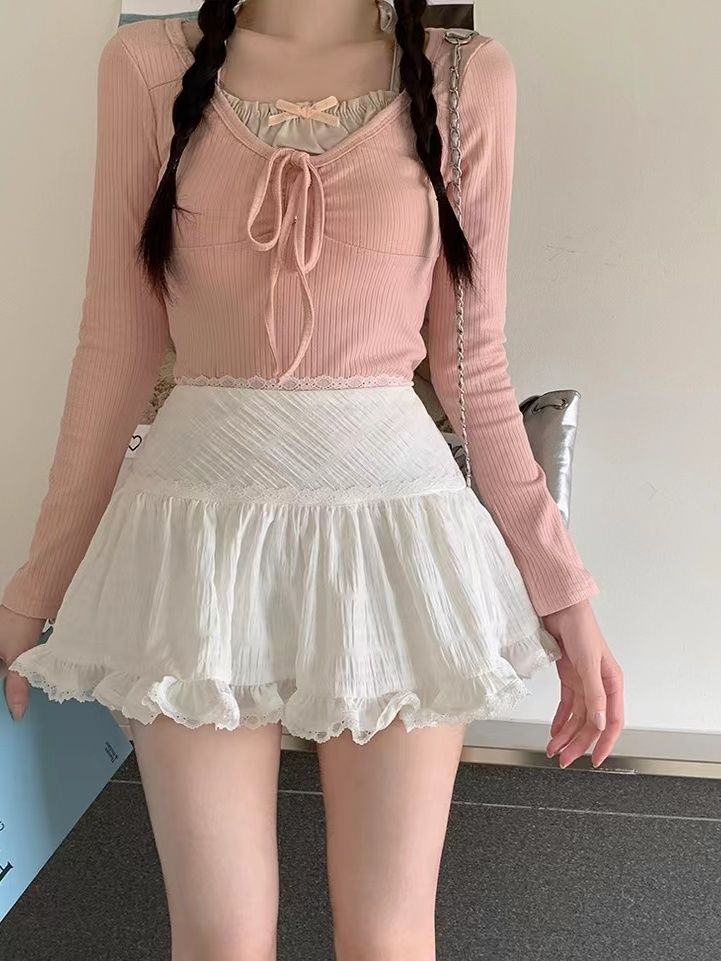 甜美假兩件綁帶打底衫長袖T恤女早秋季修身顯瘦甜辣針織衫上衣ins