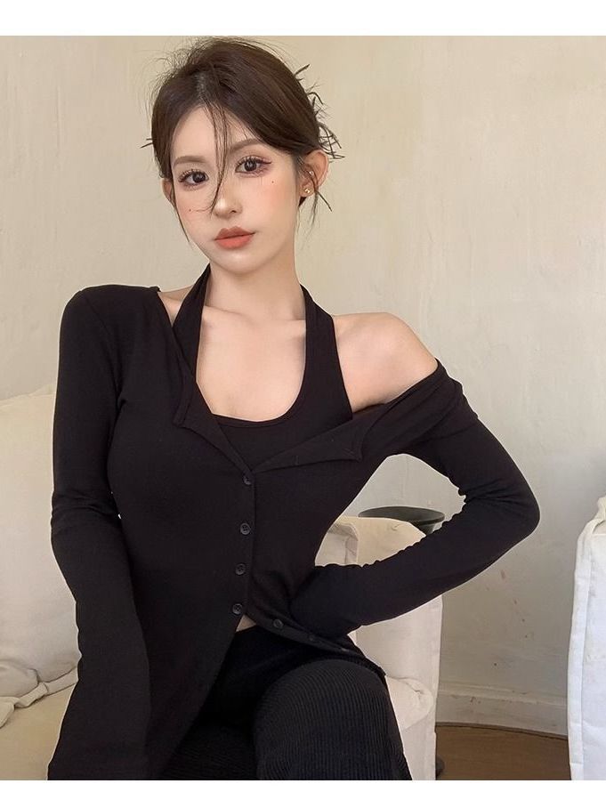 純欲風掛脖假兩件上衣女秋季新款辣妹內搭長袖打底衫顯瘦修身T恤