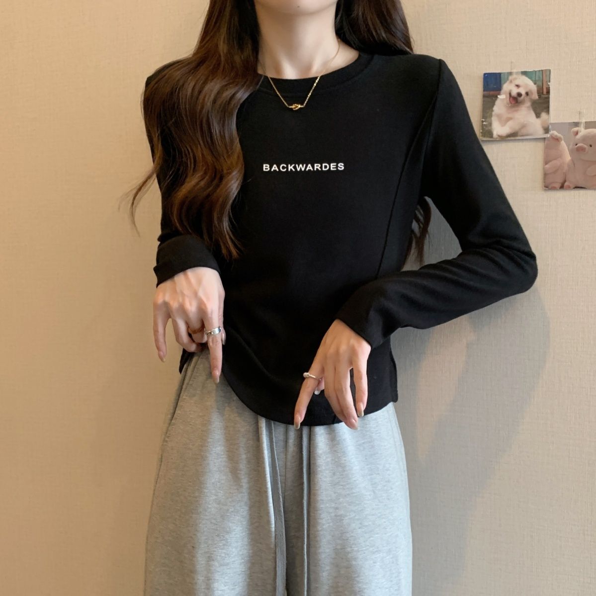 2023秋季新款歐貨長袖t恤女魚骨線白色修身印花打底衫內搭上衣潮