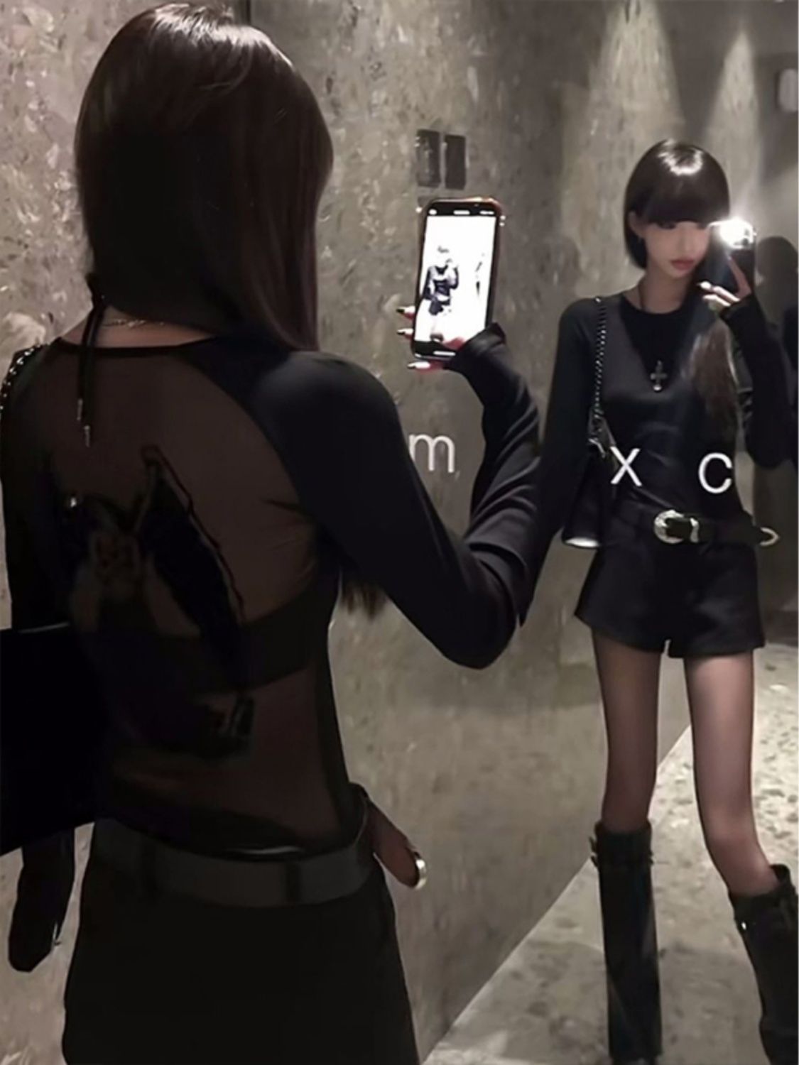 美式街頭後背天使印花長袖T恤女秋季2023新款辣妹修身微透上衣ins