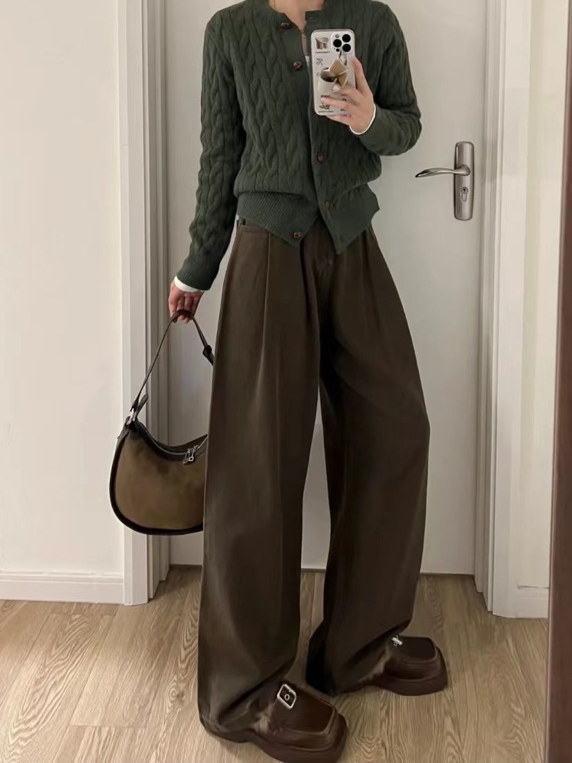 美式ins復古褶皺闊腿牛仔褲女秋冬設計感高腰垂感寬鬆顯瘦拖地褲