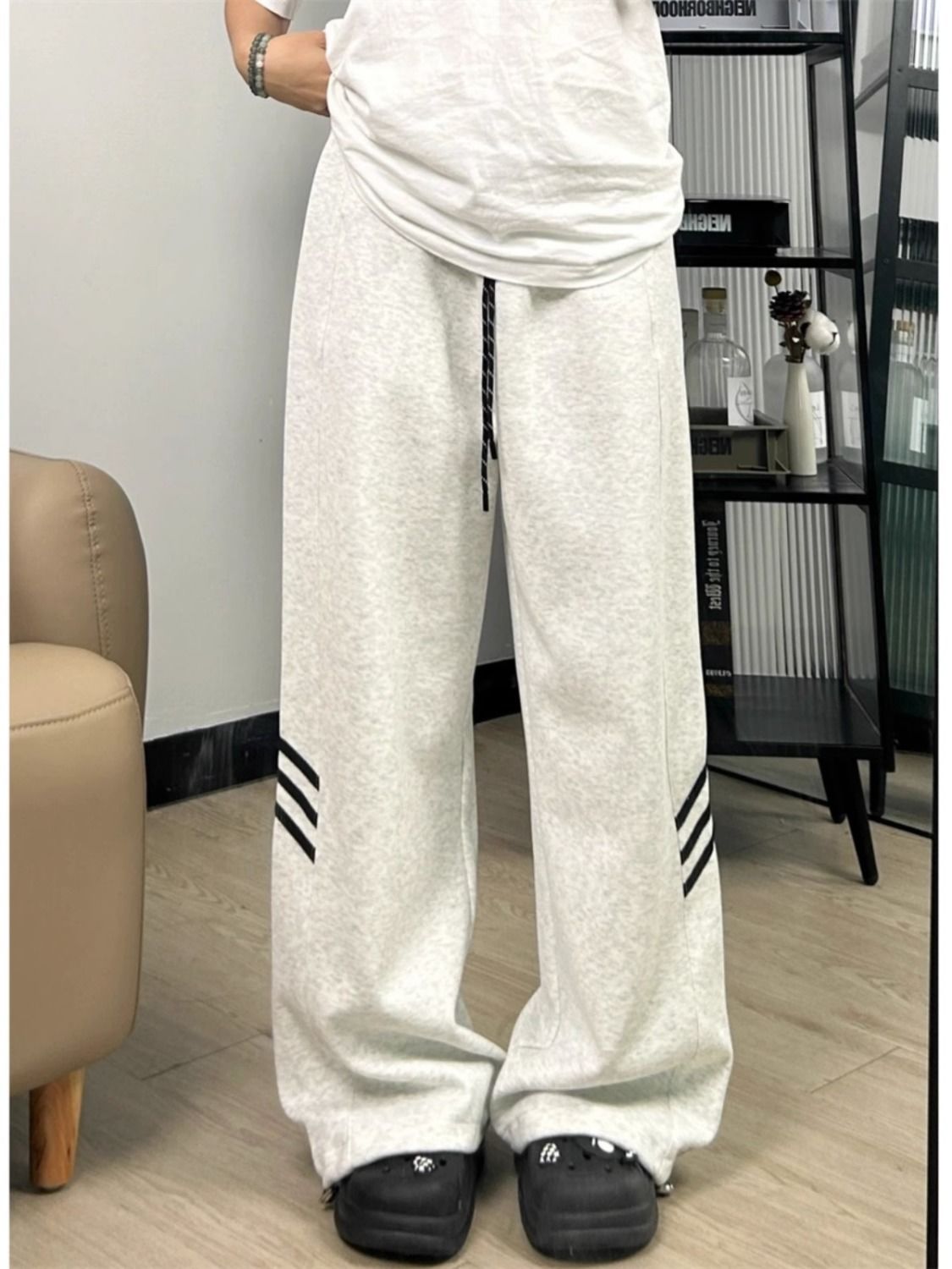 American white and gray sports pants for women in autumn, high-waisted, retro, loose and drapey casual sweatpants, versatile straight-leg wide-leg pants