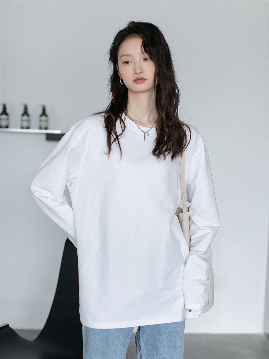 100%純棉長袖潮流T恤女2023秋季新款學生韓版寬鬆純色打底衫上衣
