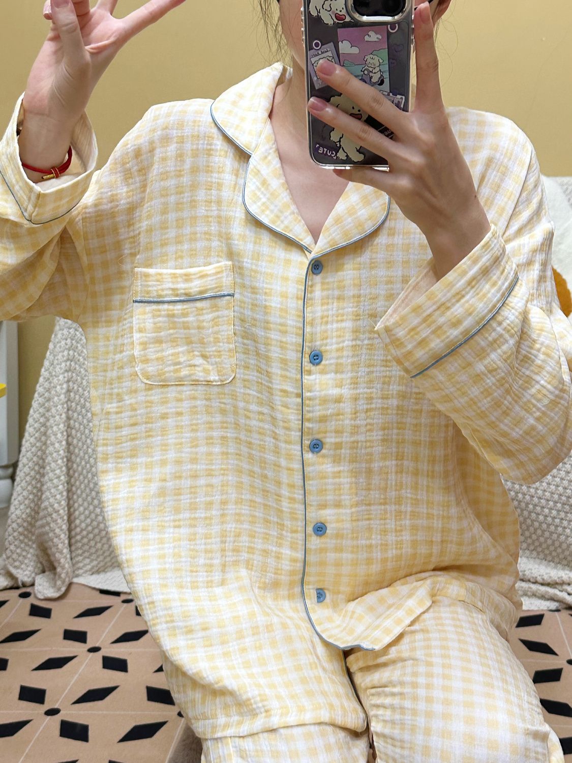 日系ins簡約格子睡衣女春秋冬季新款長袖長褲學生家居服套裝外穿