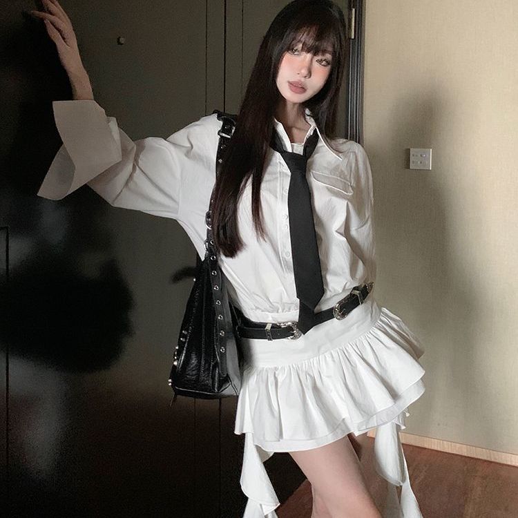 Shirt dress women's  autumn new style Cool Sa leader design high-end waist button ruffle skirt