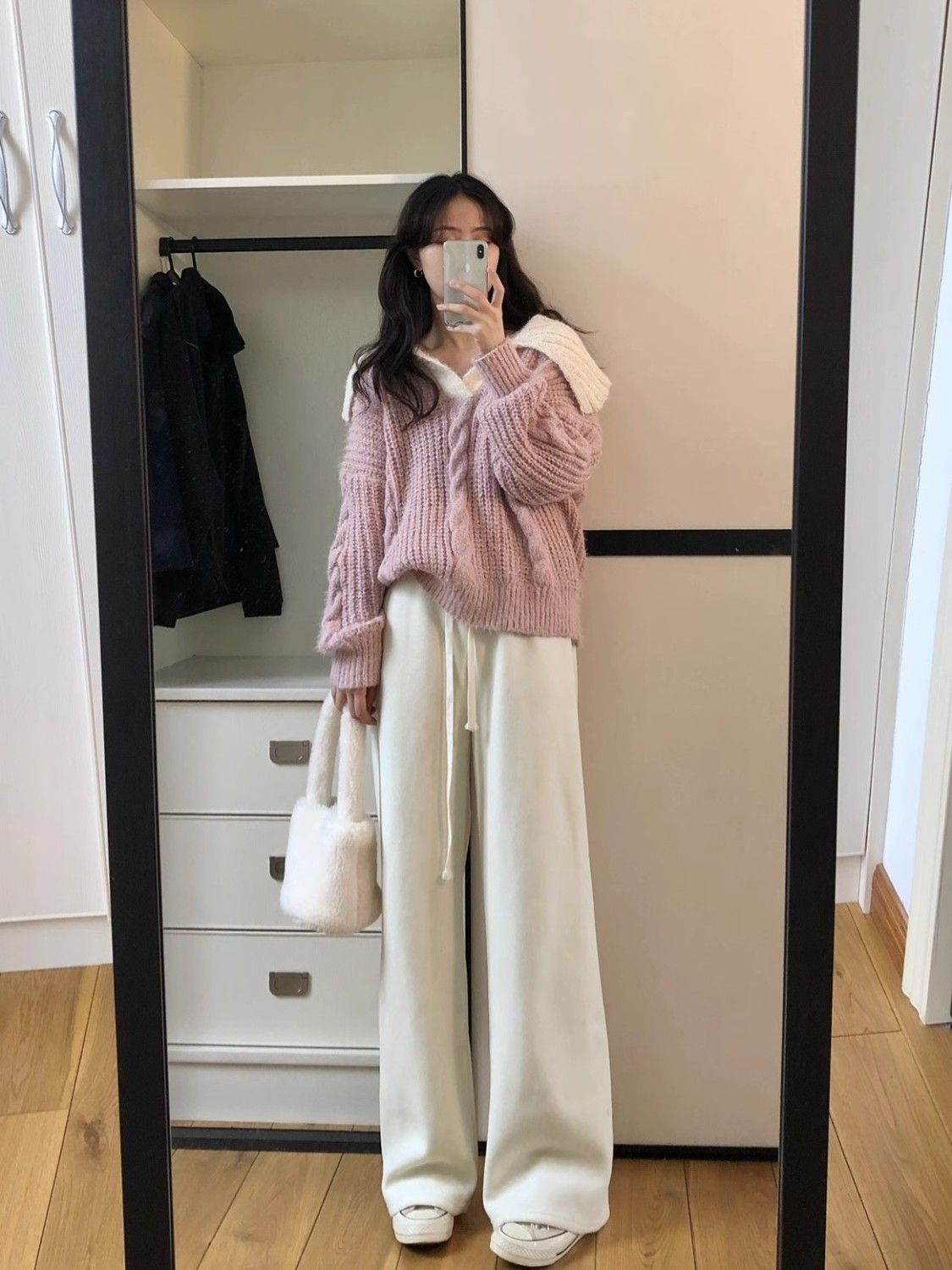 少女情懷拼接毛衣2023年秋冬季粉色甜美可愛少女厚實保暖毛衣女