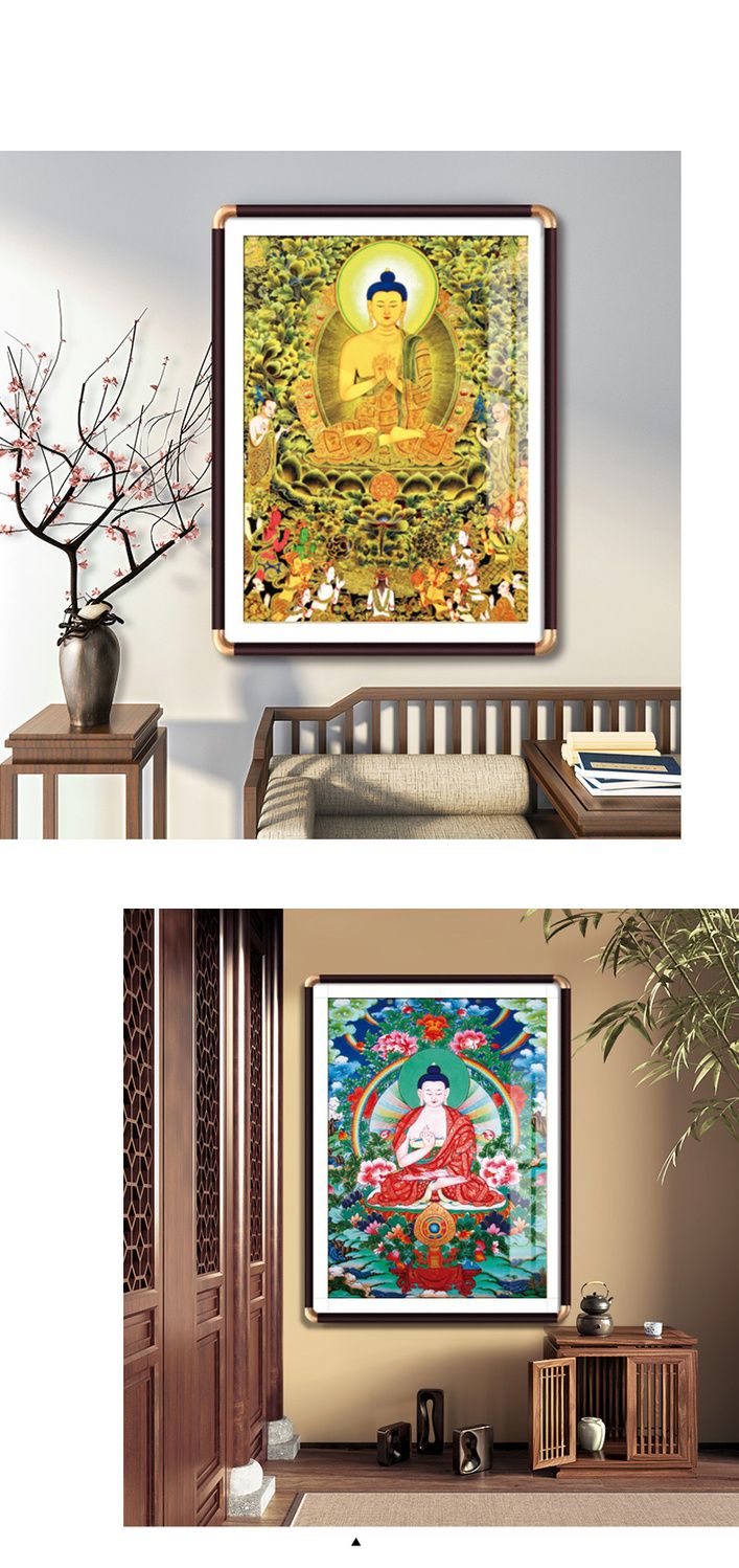 释迦牟尼佛像画唐卡挂画藏族客厅供桌佛祖壁画佛堂背景装饰画带框 3