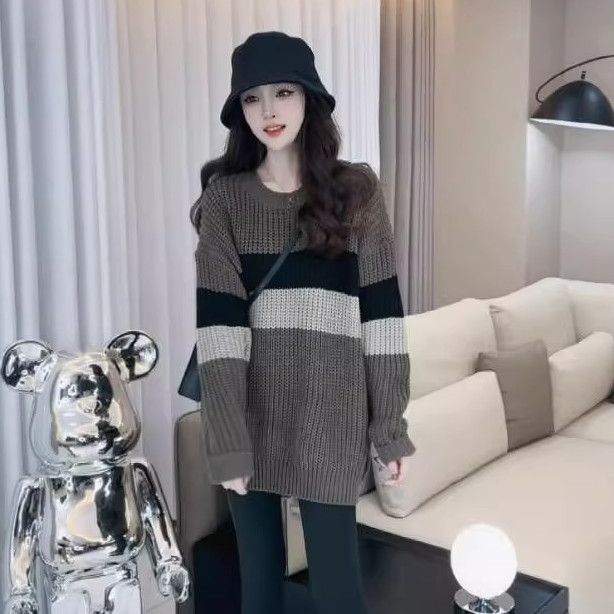 慵懶風毛衣女秋冬季新款時尚洋氣寬鬆顯瘦套頭條紋針織衫長袖上衣
