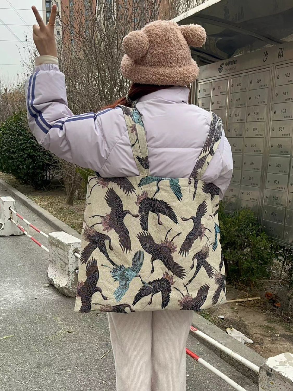 迪麗熱巴同款包包熱巴包雙面鶴帆布單肩包花兒與少年大容量背包女