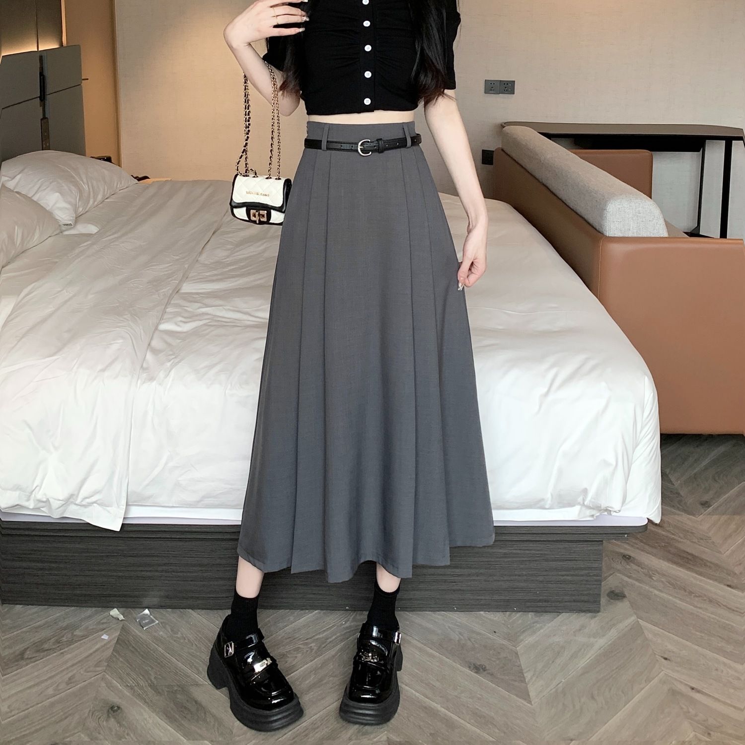 Plus size fat mm gray suit pleated skirt women's spring and autumn high waist slim A-line skirt mid-length skirt trendy ins