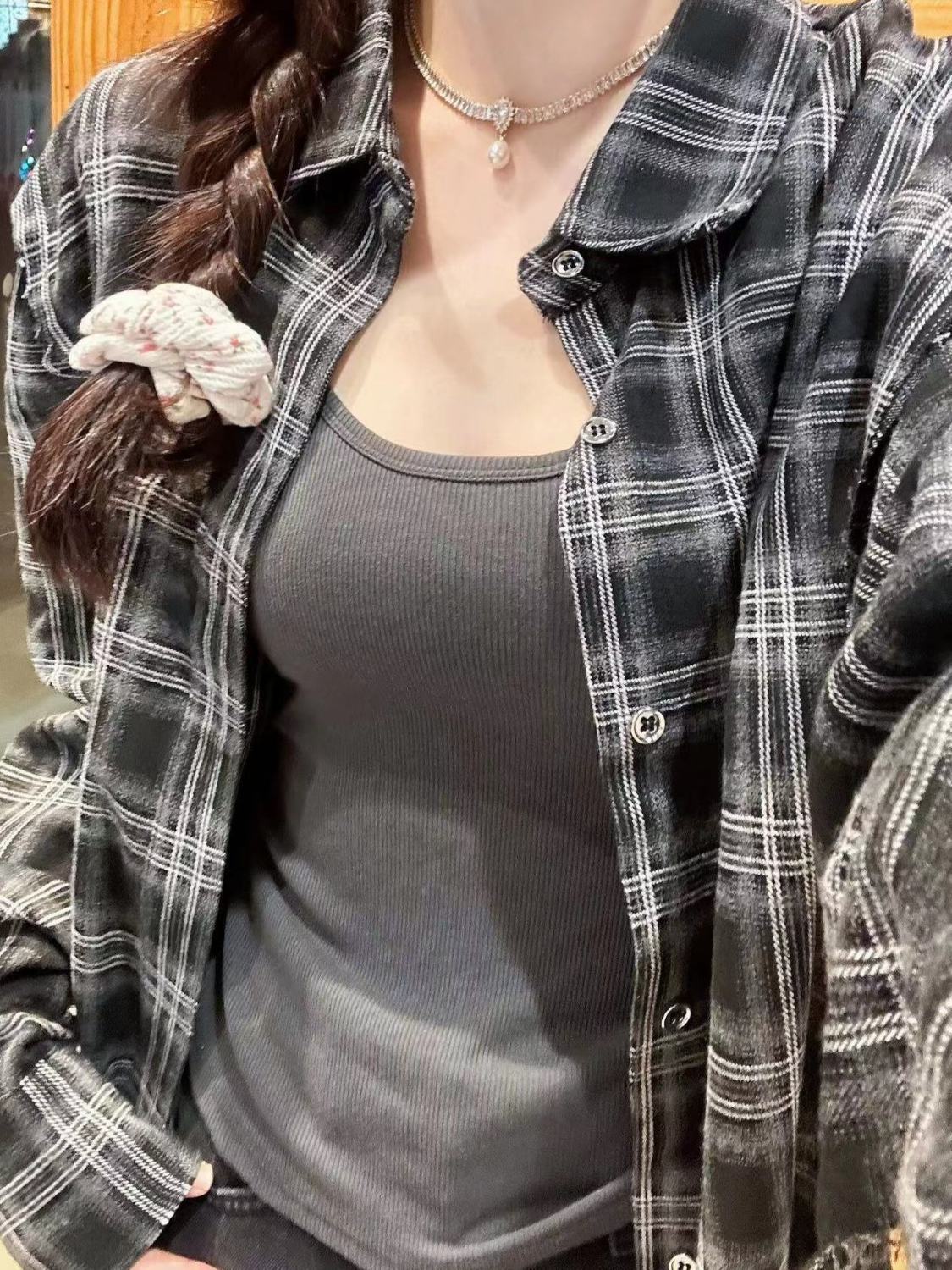 港味chic復古黑色格紋襯衫女寬鬆慵懶風垂墜感中長款襯衣寬鬆外套