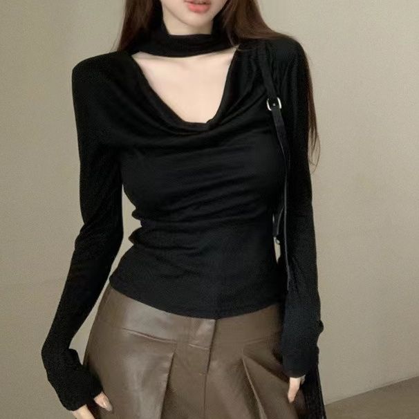 性感鏤空掛脖蕩蕩領長袖T恤女秋冬修身內搭打底衫溫柔純欲風上衣