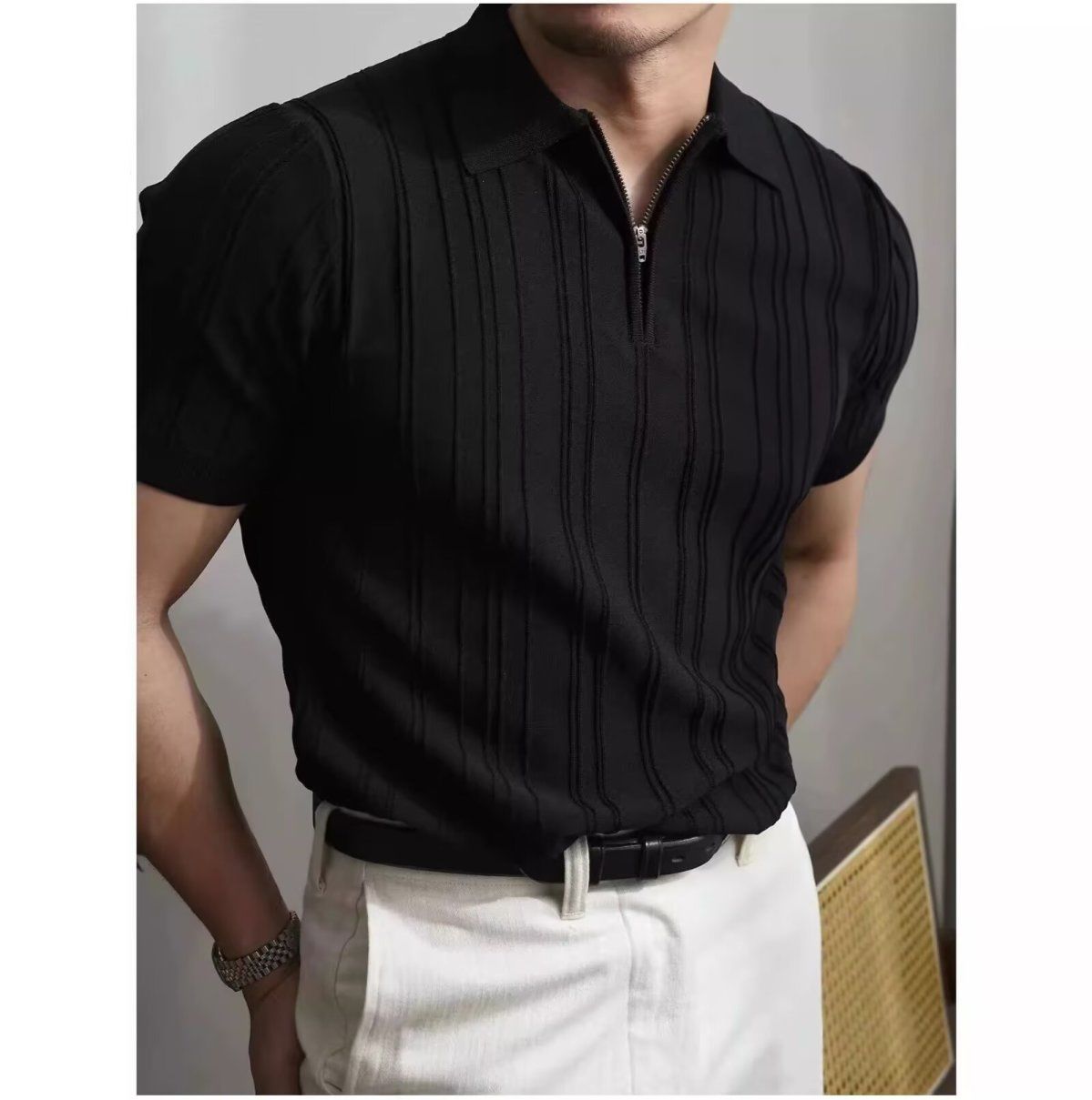 Luxuriöses Herren Polo Aus Eisseide Kurzarm Strickoberteil_voghion.com