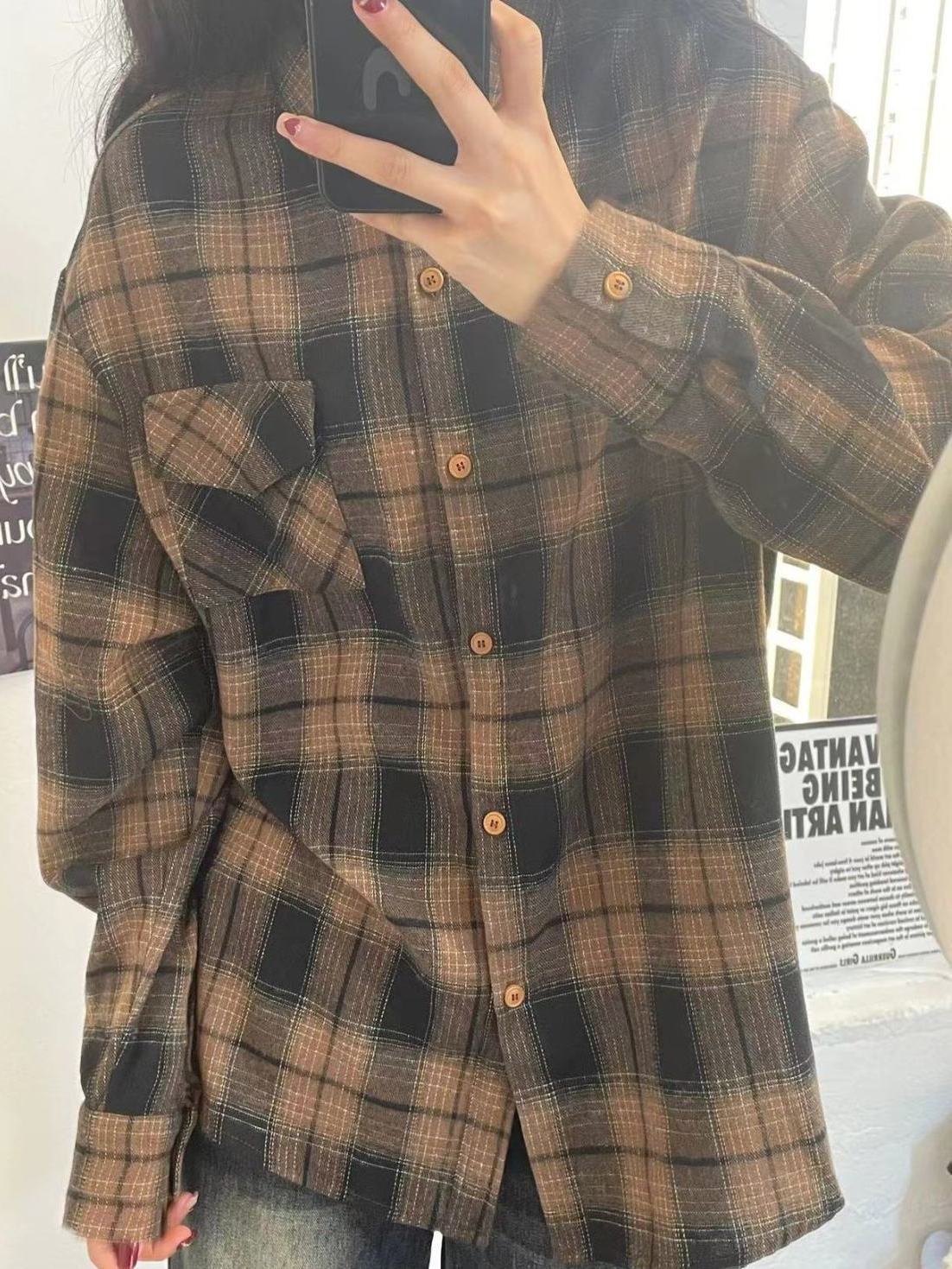 美式復古hiphop棕色格子襯衫女休閒顯瘦慵懶風垂墜感中長款襯衣潮