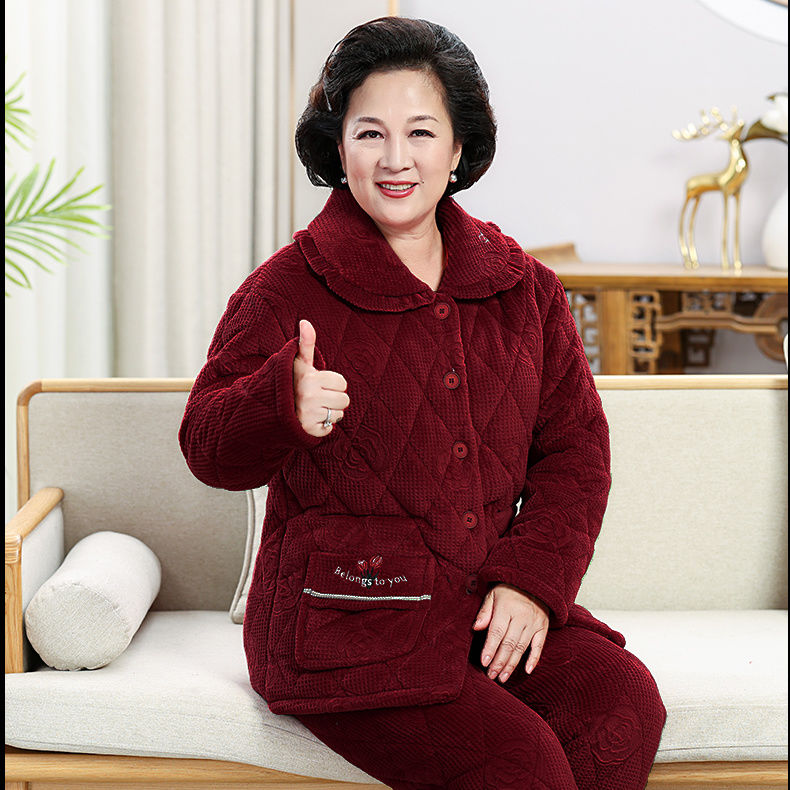 睡衣女士秋冬季珊瑚絨加厚加絨保暖三層夾棉襖中老年家居服套裝款