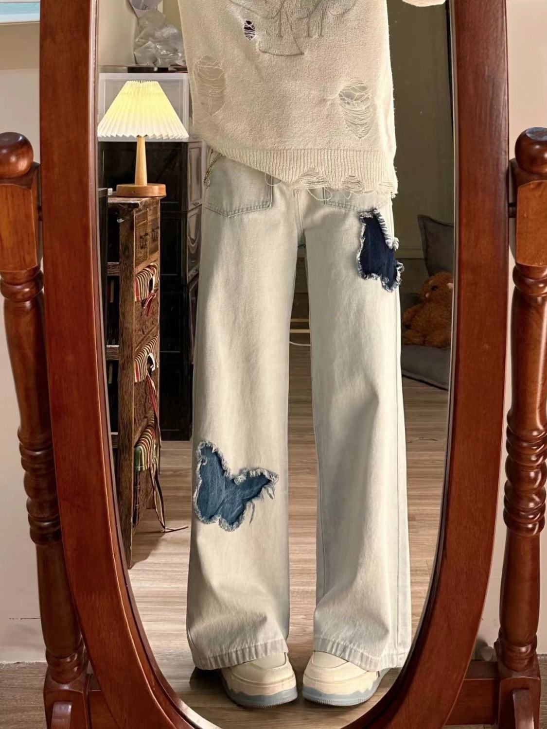 美式高街蝴蝶刺繡直筒牛仔褲女秋冬設計感高腰寬鬆顯瘦闊腿拖地褲