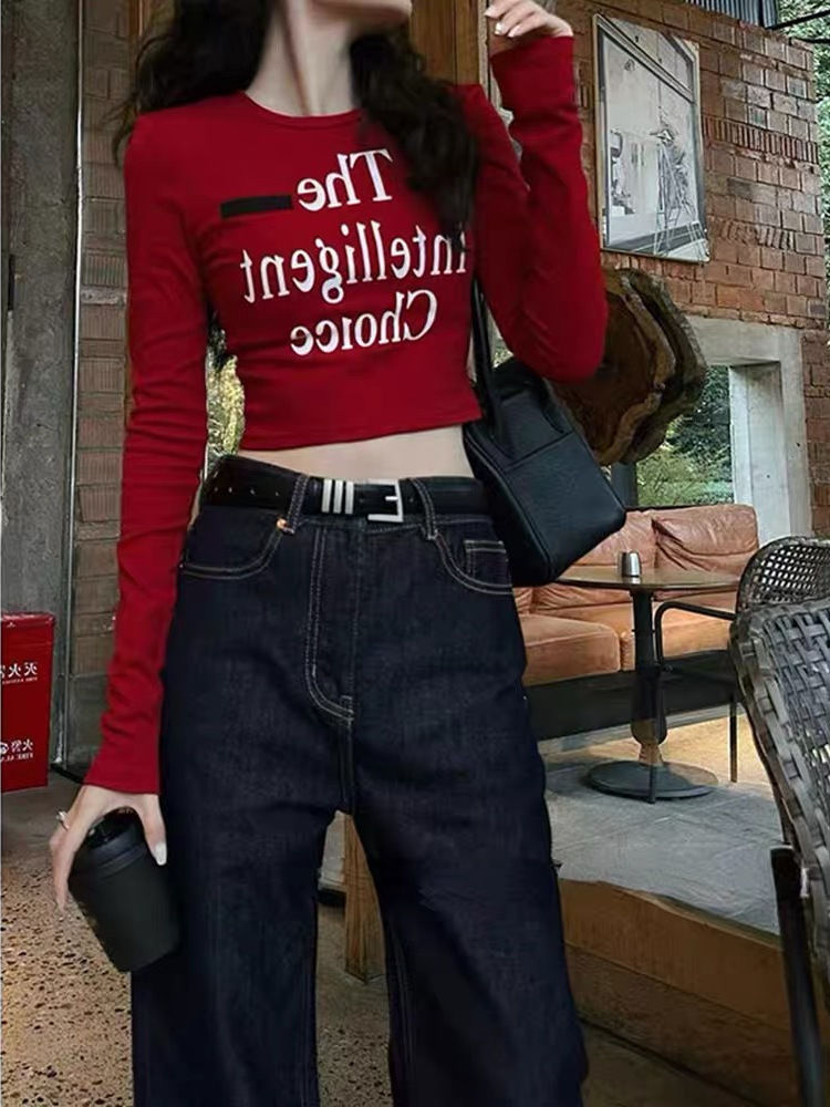 辣妹復古印花長袖t恤上衣女秋冬新款緊身顯瘦紅色內搭短款打底衫