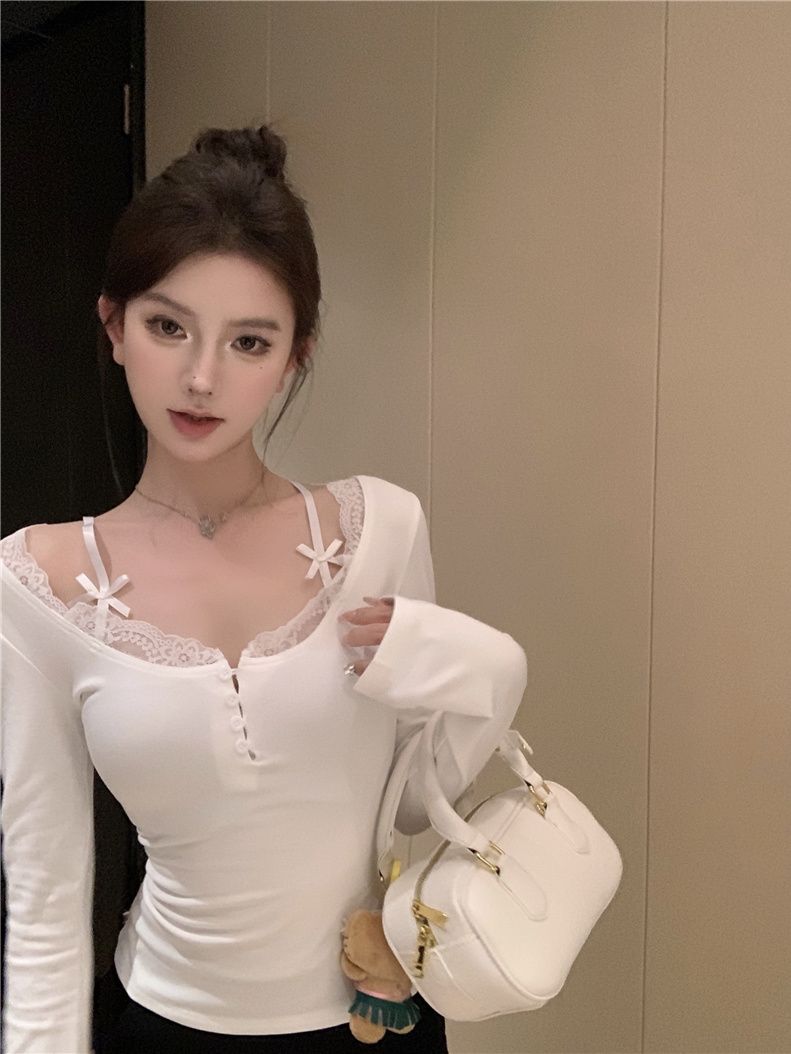 秋冬獨特别致辣妹假兩件蕾絲花邊修身上衣設計感小眾長袖打底衫女