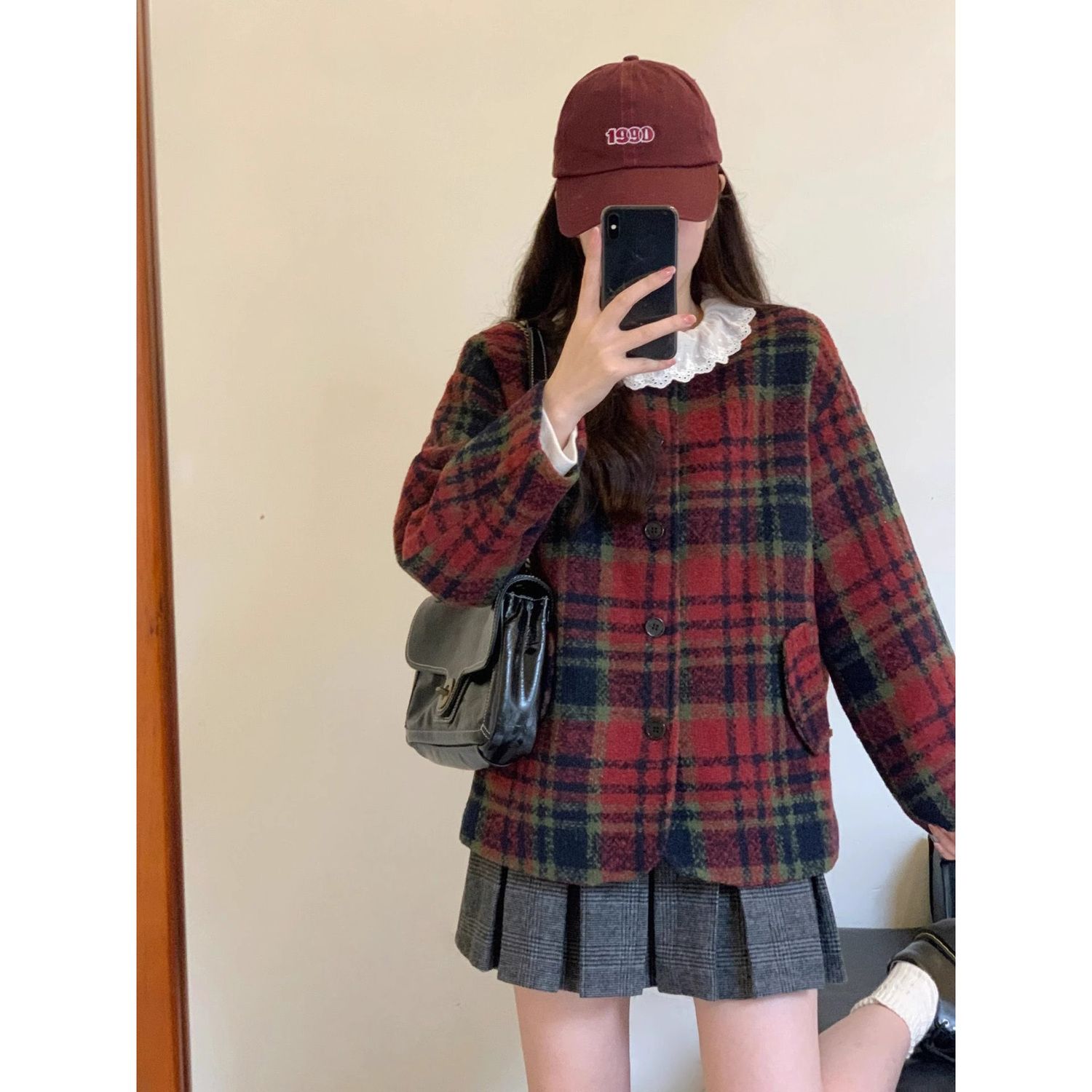 French red plaid woolen coat for women winter new thickened lazy loose round neck small fragrant style plaid top